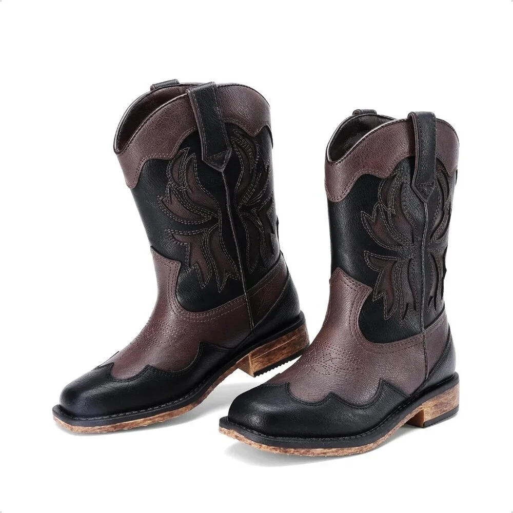 ⚡Girls Brown Black Square Toe Mid Calf Cowgirl Boot Western Fashion Riding Shoes